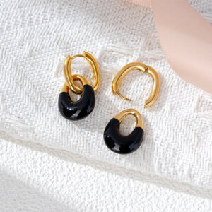 Bold Geometric Gold Hoop Earrings with Black Enamel Statement Style