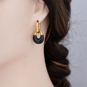 Bold Geometric Gold Hoop Earrings with Black Enamel Statement Style