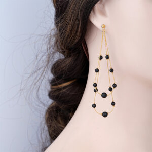 Luxury Gold Plated Black Onyx Bead Dangling Chain Earrings