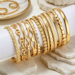 Thin Gold Bangle Bracelet Set With Mixed Textures