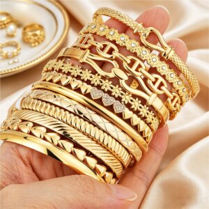 Thin Gold Bangle Bracelet Set With Mixed Textures