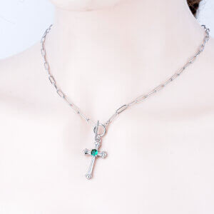 Stainless Steel Cross Necklace with Green Zircon and Paperclip Chain Design