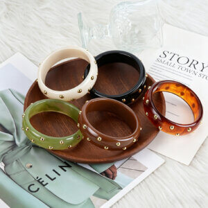 Vintage Resin Style Acrylic Bangle Bracelet with Gold Stud Detail