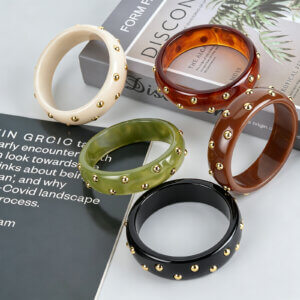 Vintage Resin Style Acrylic Bangle Bracelet with Gold Stud Detail