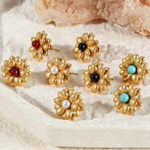 Modern Double Layer Flower Stud Earrings With Bead Center