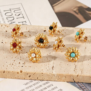 Modern Double Layer Flower Stud Earrings With Bead Center