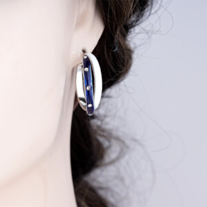 Blue and White Enamel Stainless Steel Hoop Earrings with Rhinestones