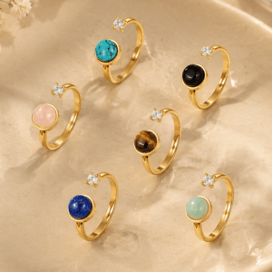 18K Gold Plated Stainless Steel Natural Stone Rings with White Zircon