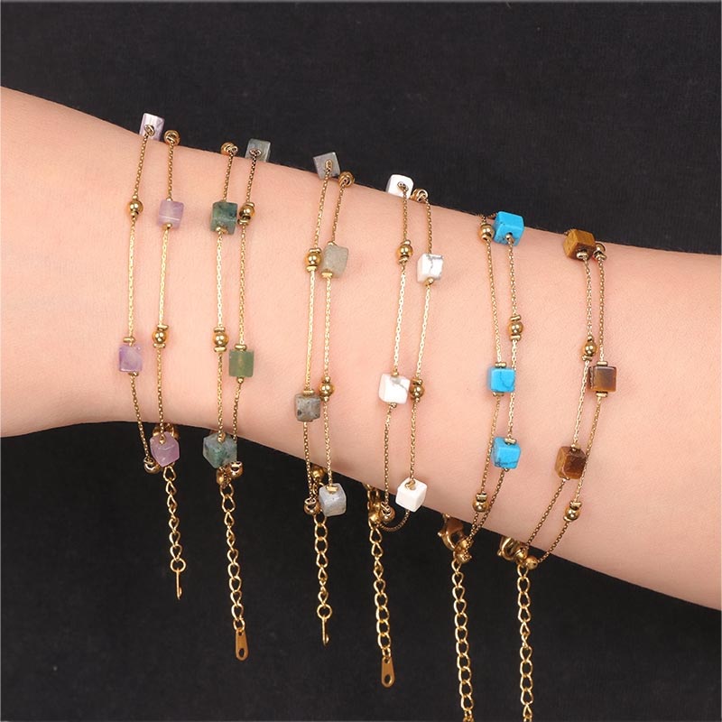 Square Gemstone Gold Beads Double Layer Bracelet For Women - Justop 