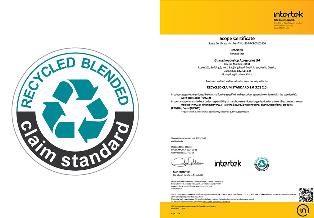 Justop Fashion Jewelry | RCS Certification Enhances JUSTOP's Sustainability Efforts