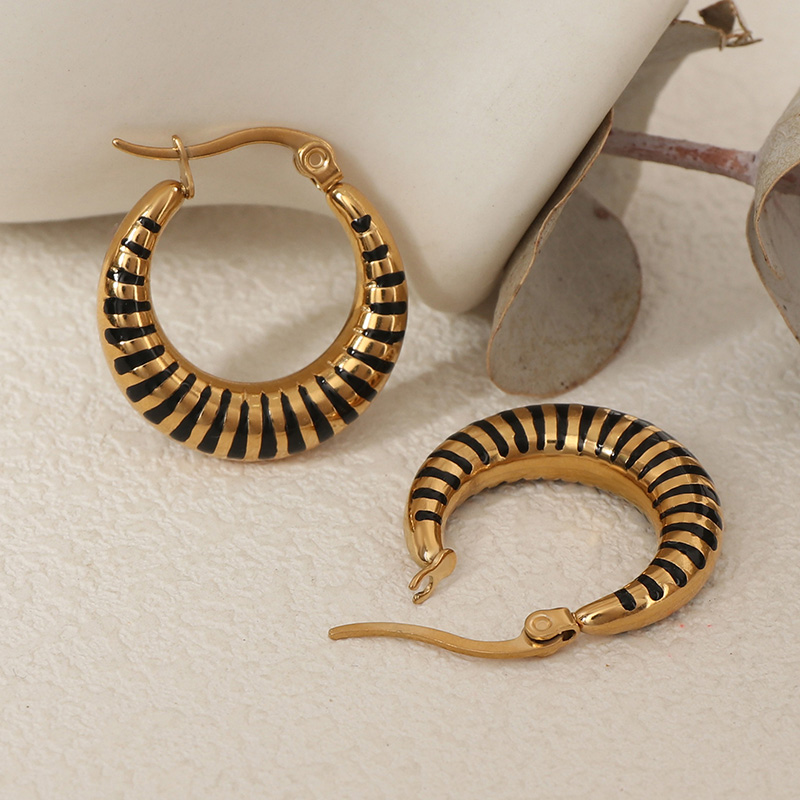 Stainless Steel Black Stripe Hoop Earrings - 13mm Outer Diameter, Hinged Snap Clasp