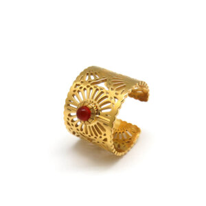 Vintage Wide Open Ring With Hollow Carved Design And Natural Stone