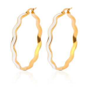 White Enamel Gold Hoop Earrings With Unique Wavy Design