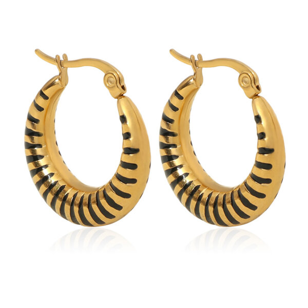 Modern Design Striped Enamel Gold Hoop Earrings In Black Or White