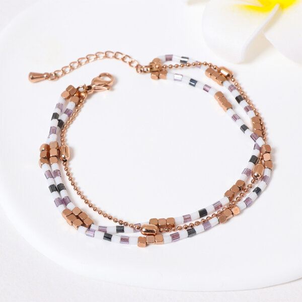 3 Layer Stainless Steel Rose Gold Bracelet with Miyuki Beaded