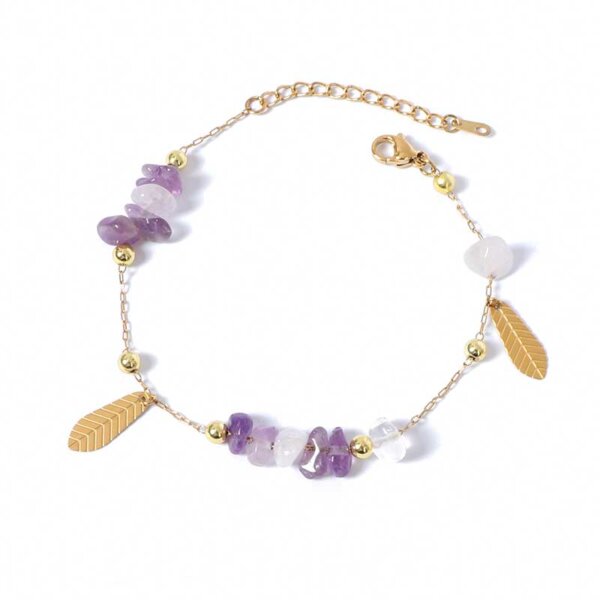 18k Gold Plated Stainless Steel Chip Stone Bracelet with Leaf Charms