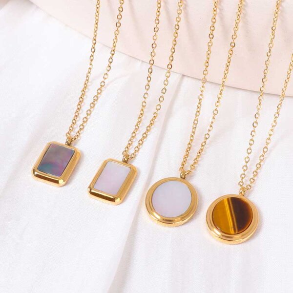 Simplicity Elegance Gold Plated Stainless Steel Necklace with Mop or Tiger Eye