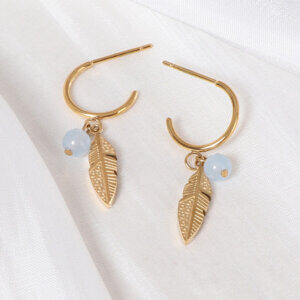 Leaf Drop Stainless Steel Gold Earrings with Natural Stone Beads