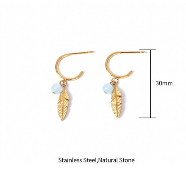 Leaf Drop Stainless Steel Gold Earrings with Natural Stone Beads