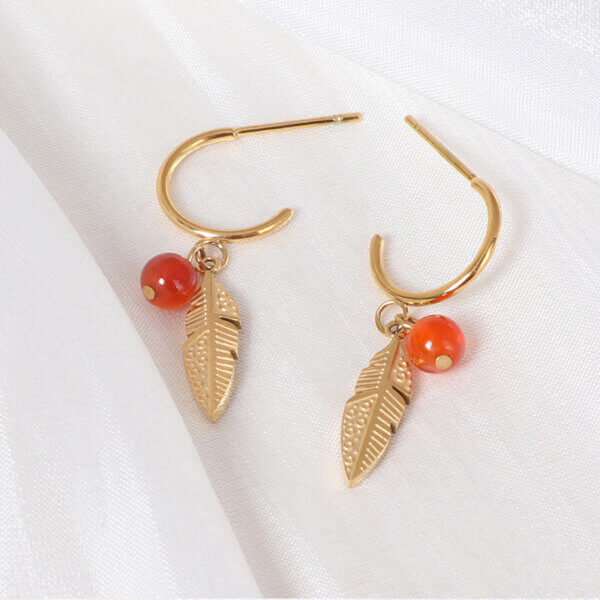 Leaf Drop Stainless Steel Gold Earrings with Natural Stone Beads