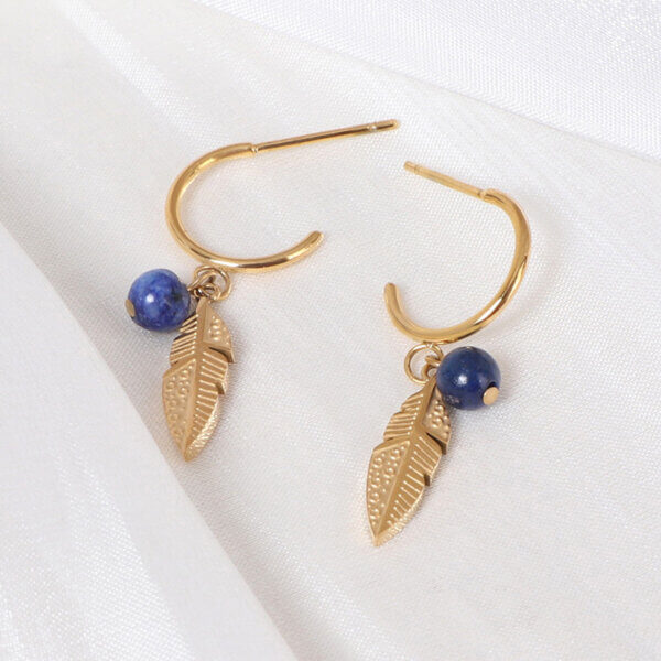 Leaf Drop Stainless Steel Gold Earrings with Natural Stone Beads