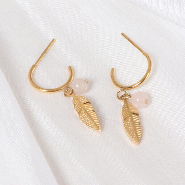 Leaf Drop Stainless Steel Gold Earrings with Natural Stone Beads