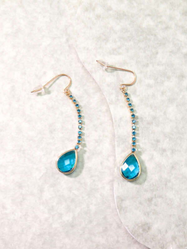 Copper Blue Crystal Teardrop Earrings with CZ Sparkling Chain