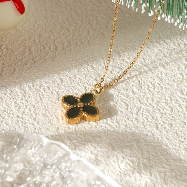 Stainless Steel Black Enamel 4 Leaves Clover Necklace Timeless Symbol