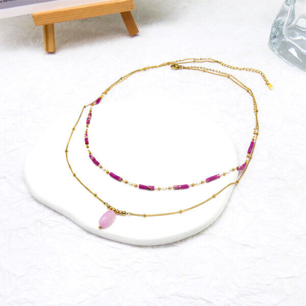 Elegant Natural Stone Stainless Steel Double Layer Necklace