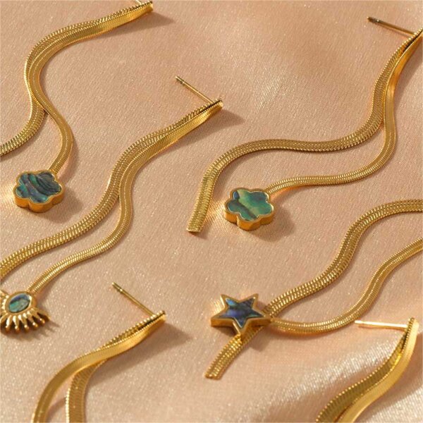 Stunning Skinny Gold Tassel Earrings with Whimsical Abalone Shell Accents