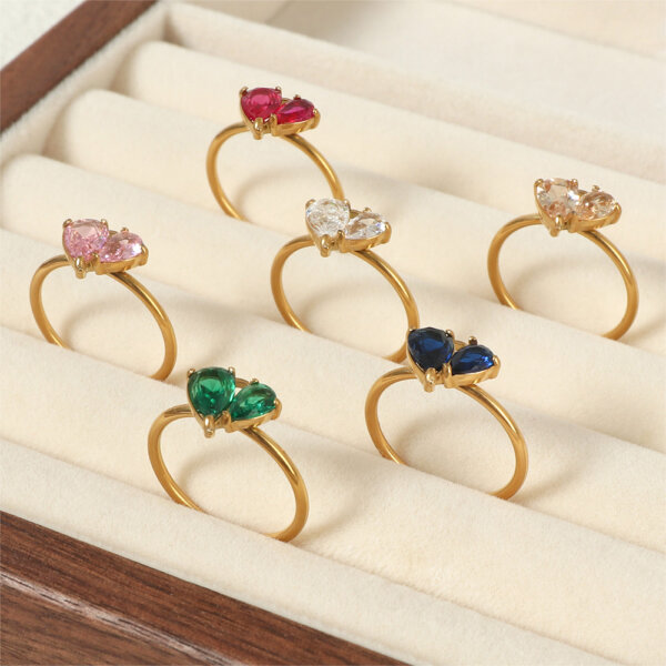 Gold Plated Stainless Steel Rings with Colorful Cubic Zirconia Stones