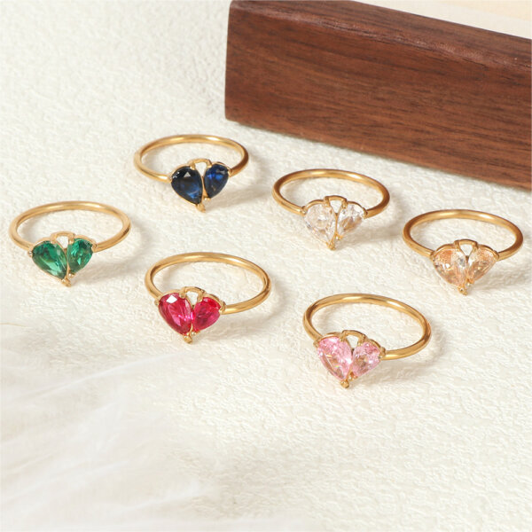 Gold Plated Stainless Steel Rings with Colorful Cubic Zirconia Stones