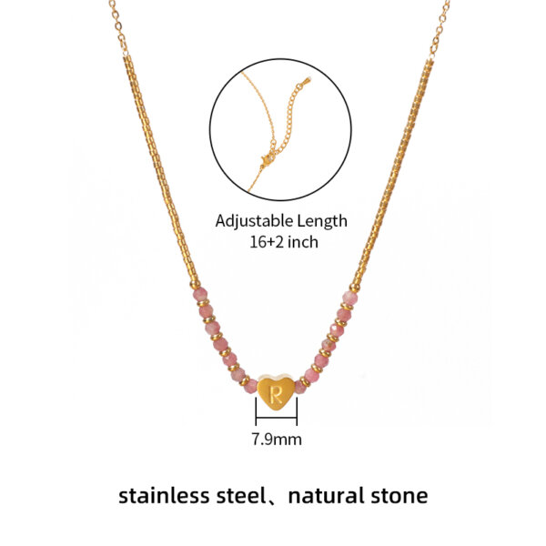 Stainless Steel Natural Stone Bead Necklace with Heart Initial Pendant