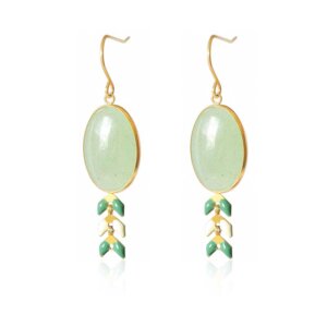 Green Aventurine Gold Plated Stainless Steel Earrings with Enamel Wheat Spike Accents