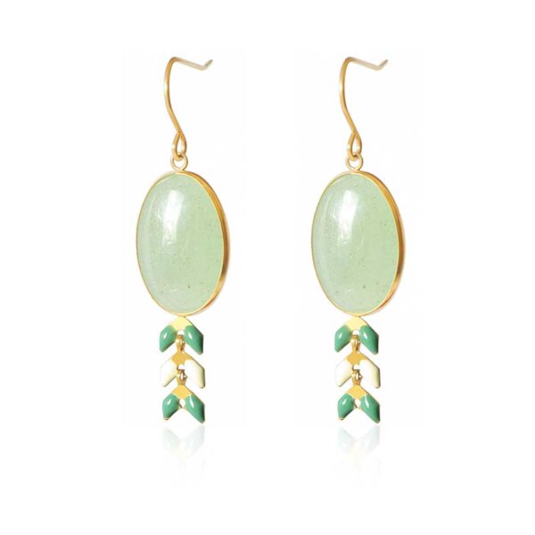 Green Aventurine Gold Plated Stainless Steel Earrings with Enamel Wheat Spike Accents