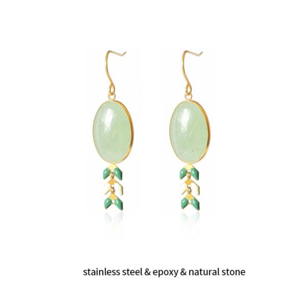 Green Aventurine Gold Plated Stainless Steel Earrings with Enamel Wheat Spike Accents