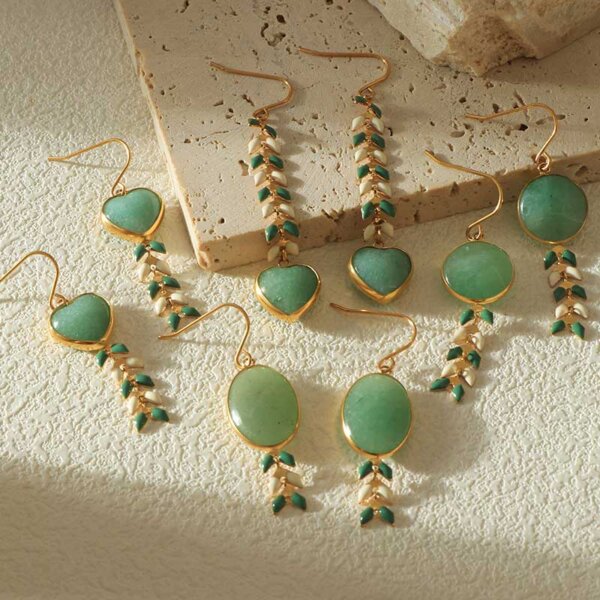 Green Aventurine Gold Plated Stainless Steel Earrings with Enamel Wheat Spike Accents