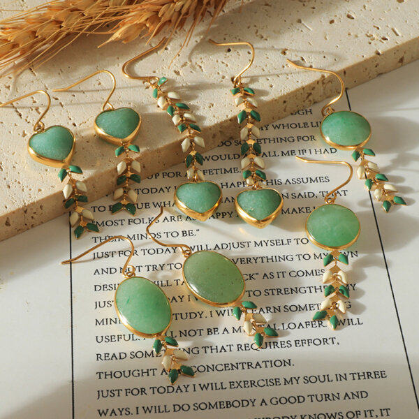 Green Aventurine Gold Plated Stainless Steel Earrings with Enamel Wheat Spike Accents