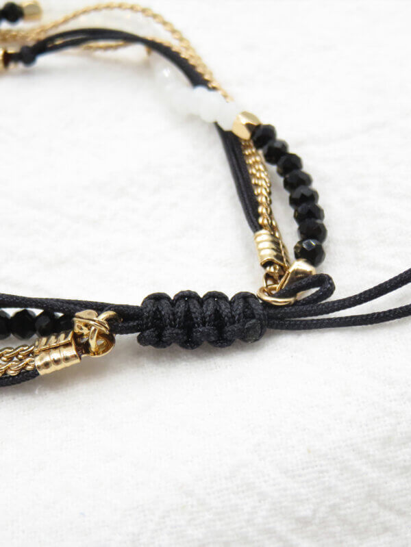 3 Layer Gold Boho Braided Bracelet with Black and White Crystals