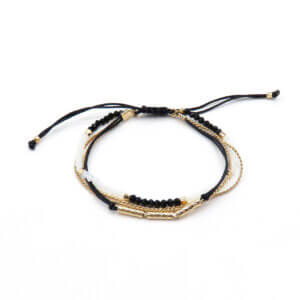 3 Layer Gold Boho Braided Bracelet with Black and White Crystals