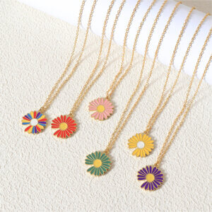 Fun and Colorful Stainless Steel Enamel Daisy Flower Pendant Necklace