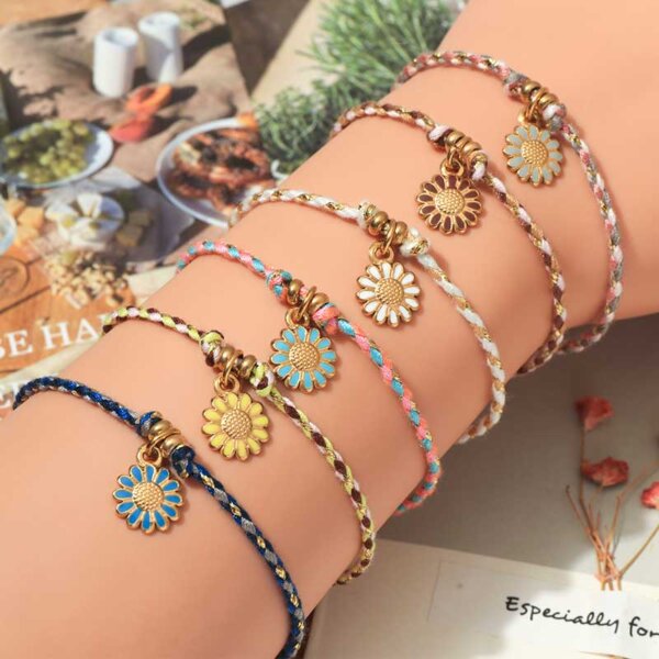 Daisy Enamel Braided Charm Bracelets in Multiple Vibrant Color