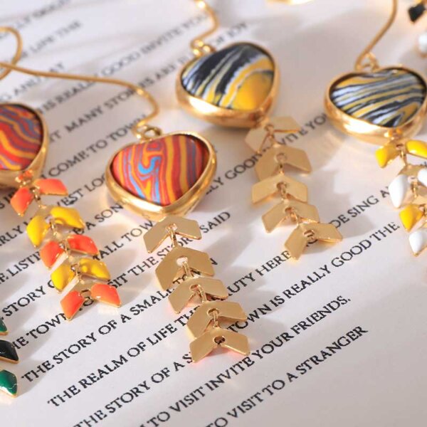 Colorful Irregular Texture Artificial Stone Heart Shaped Dangle Earrings