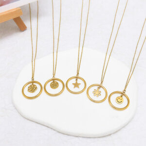 Minimalist Geometric Gold Round Pendant Necklaces Stainless Steel