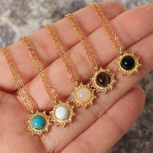 Elegant 18K Gold Plated Natural Stone Sun Pendant Necklace