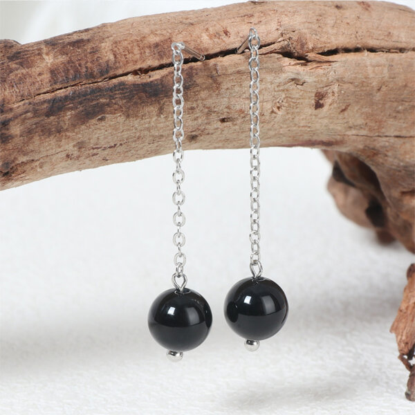 Elegant Black Agate and Moonstone Stainless Steel Dangle Earrings