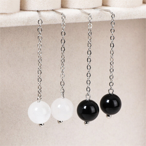 Elegant Black Agate and Moonstone Stainless Steel Dangle Earrings