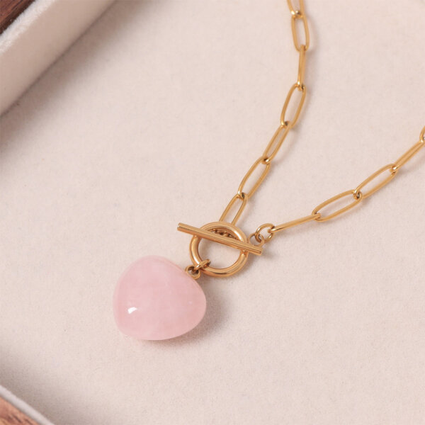 Modern Rose Quartz Heart Pendant Necklace in Stainless Steel