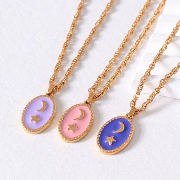 Enamel 18K Gold Plated Stainless Steel Crescent Moon Star Necklace