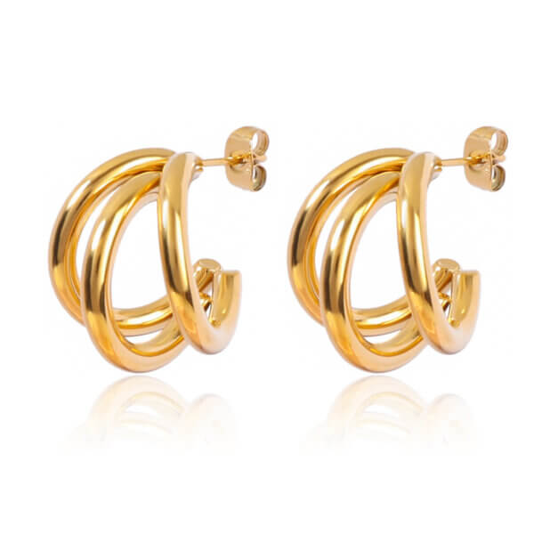 Modern Minimalist Stainless Steel Triple Hoop Gold Earrings